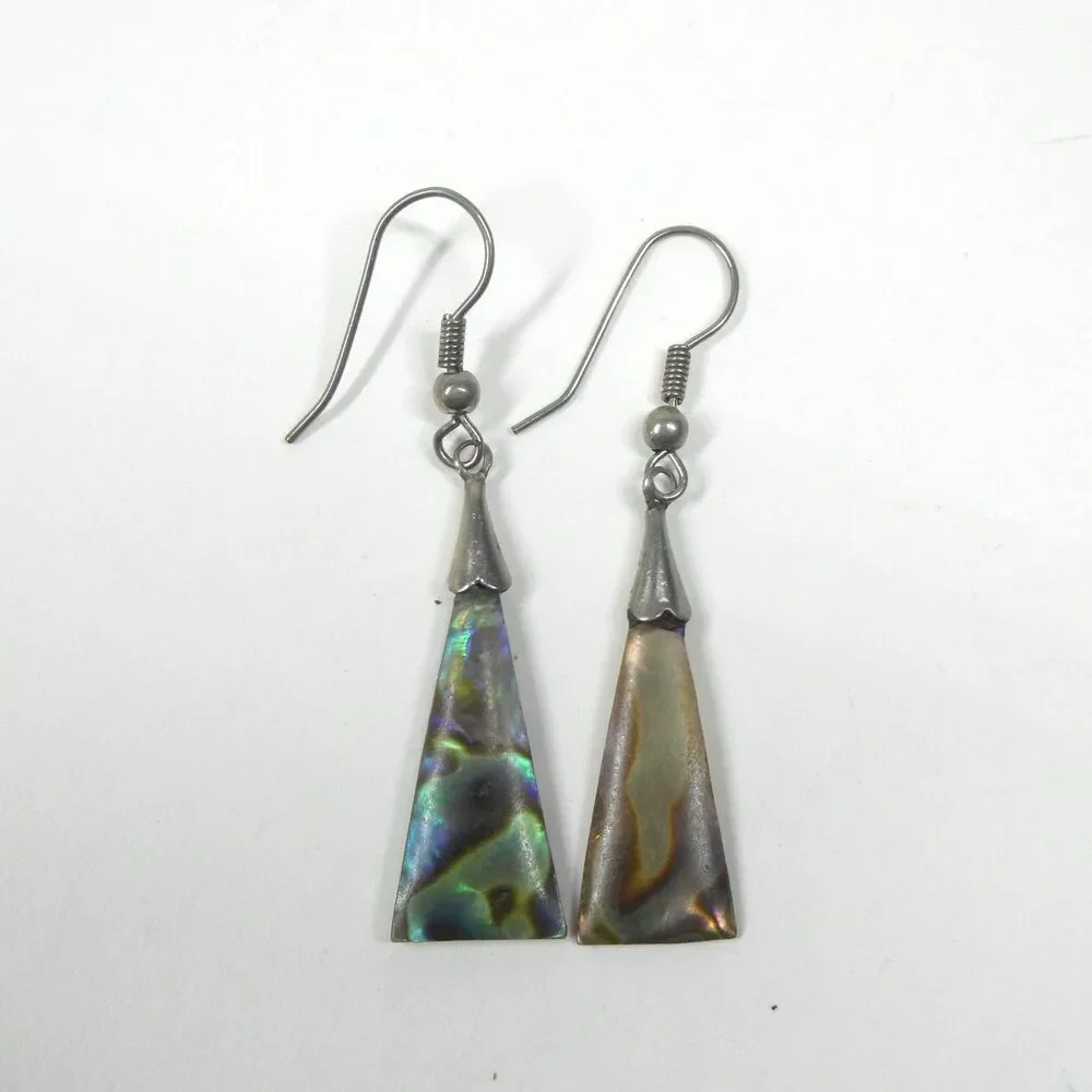 Mother of Pearl Triangle Earrings Vintage Dangle Silver Abalone Shell
